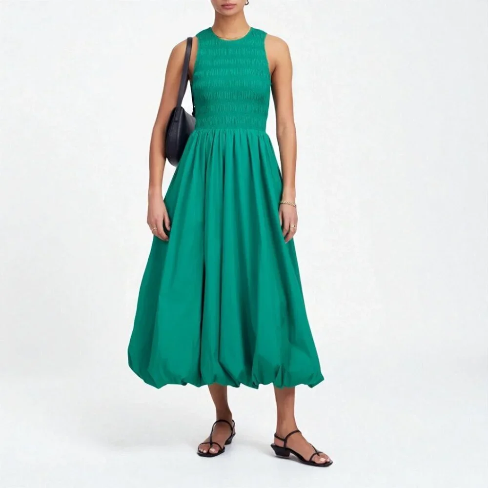 CLEAROUT Madewell The Melody Bubble-Hem Smocked Midi Dress in Poplin Size XS - Picture 1 of 10